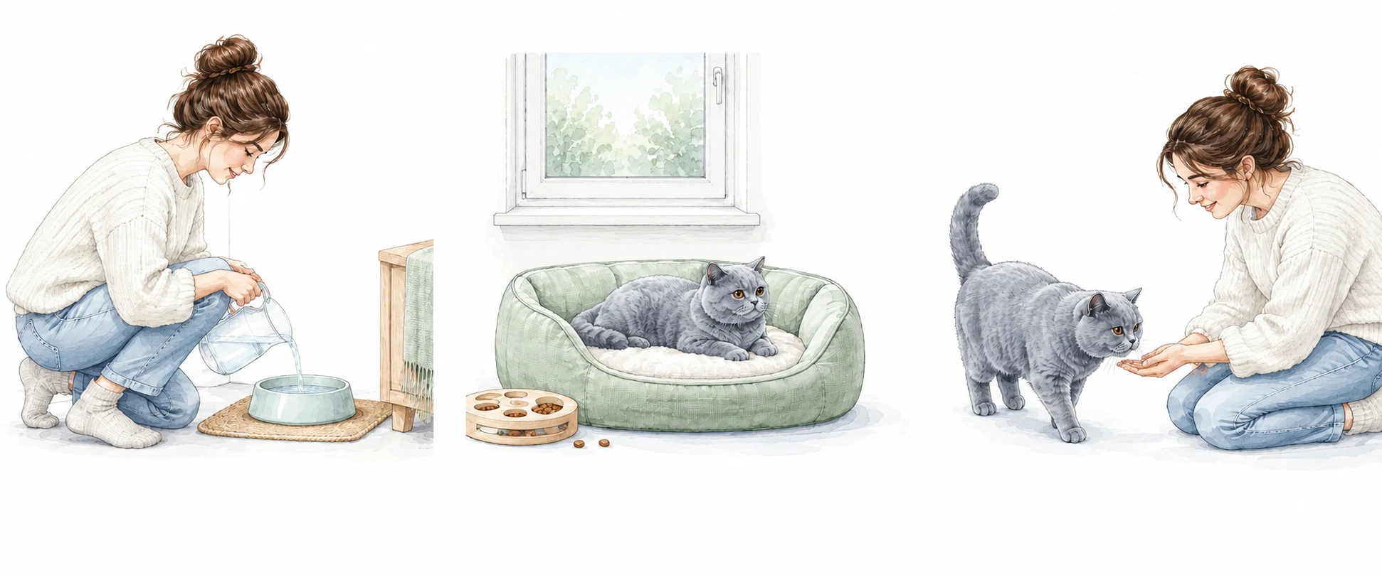Watercolour scenes of preparing resources, a cat resting safely at home and a calm reunion.