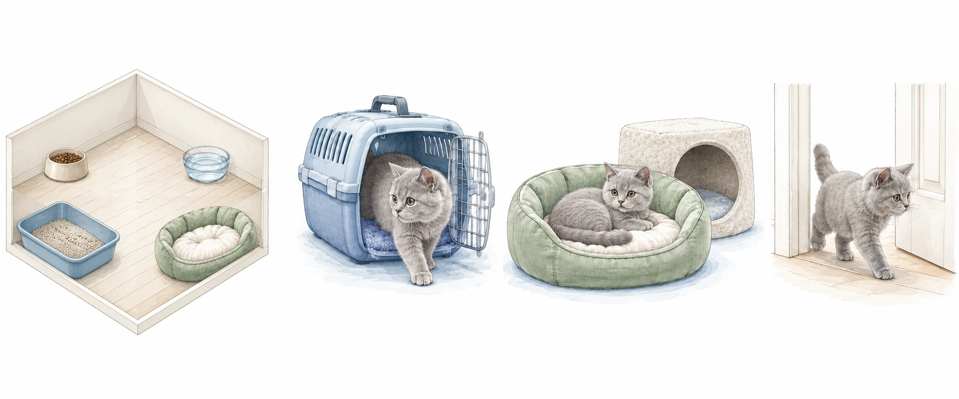 Watercolour scenes of a prepared quiet room, arrival in an open carrier, settling into a bed and gradual exploration.