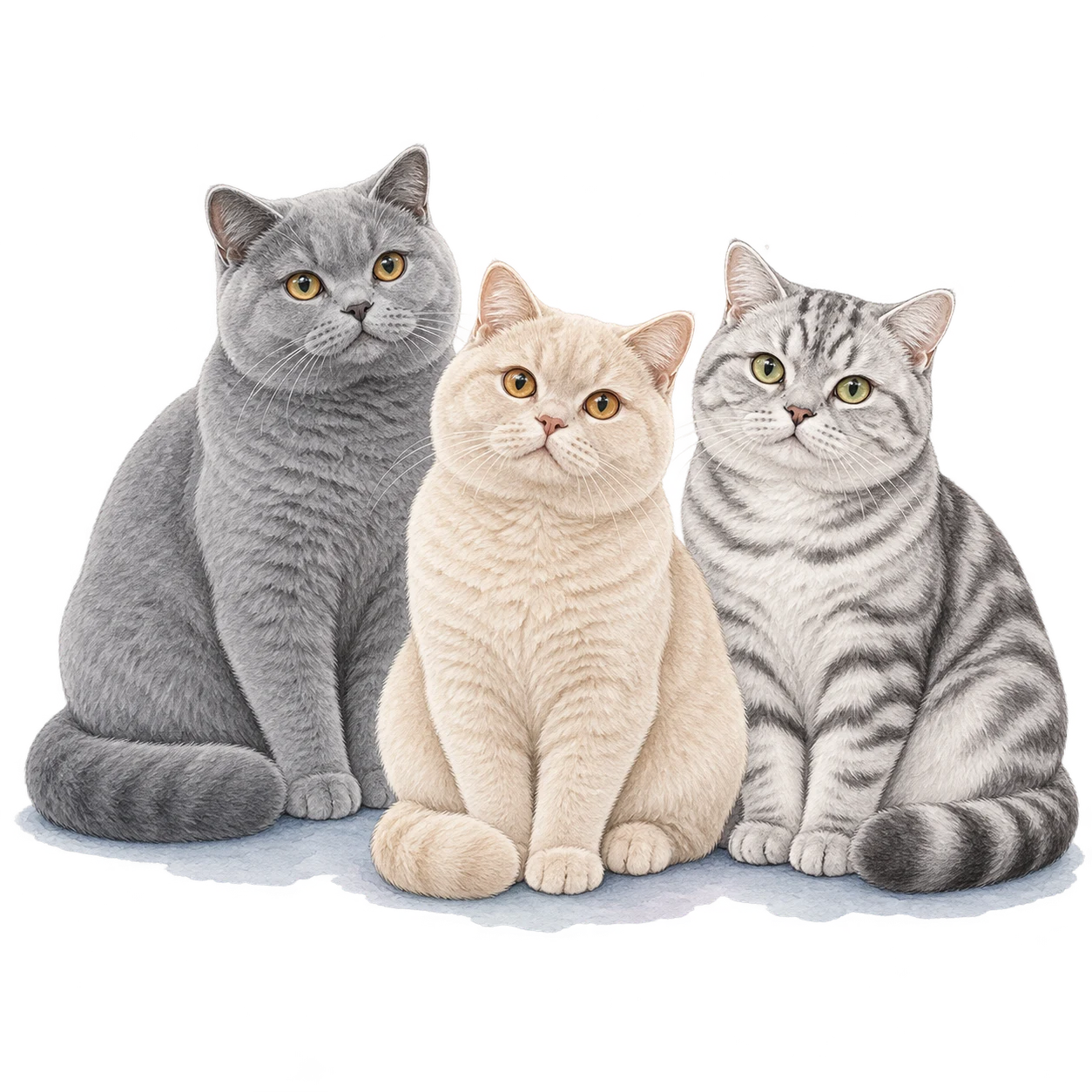 Watercolour illustration of blue-grey, cream and silver tabby British Shorthairs
