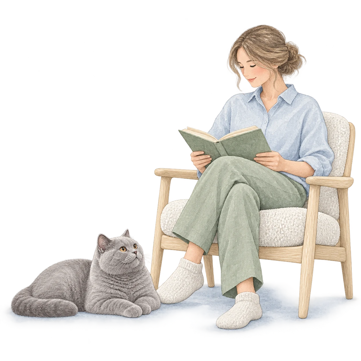Watercolour illustration of a cat resting near a person reading, with space between them