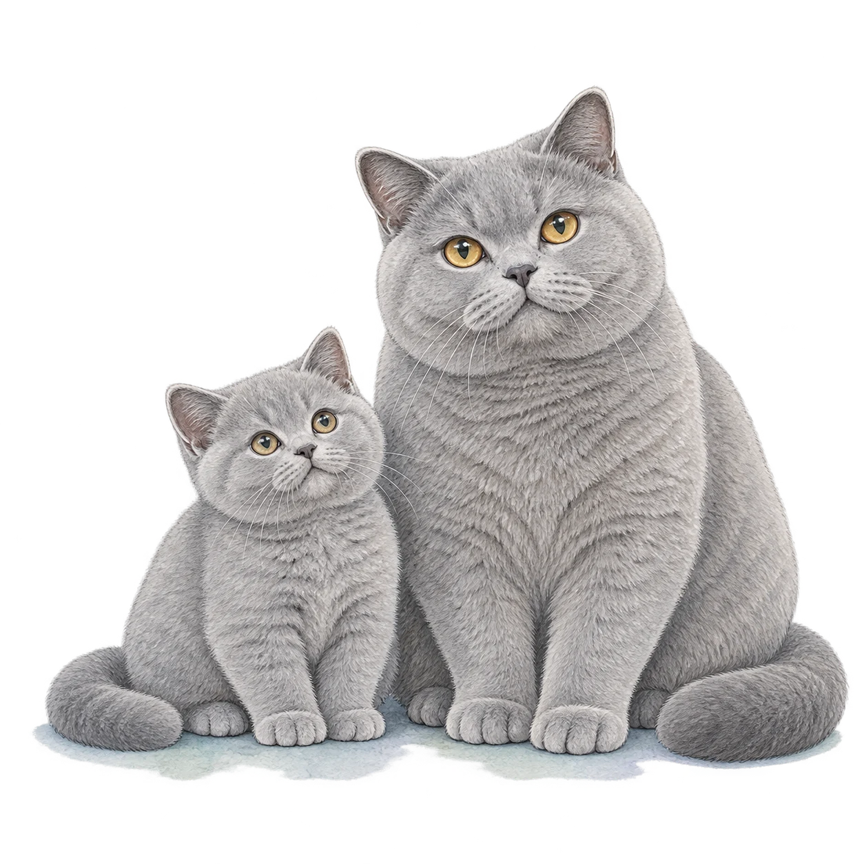 Watercolour illustration of a British Shorthair kitten beside an adult