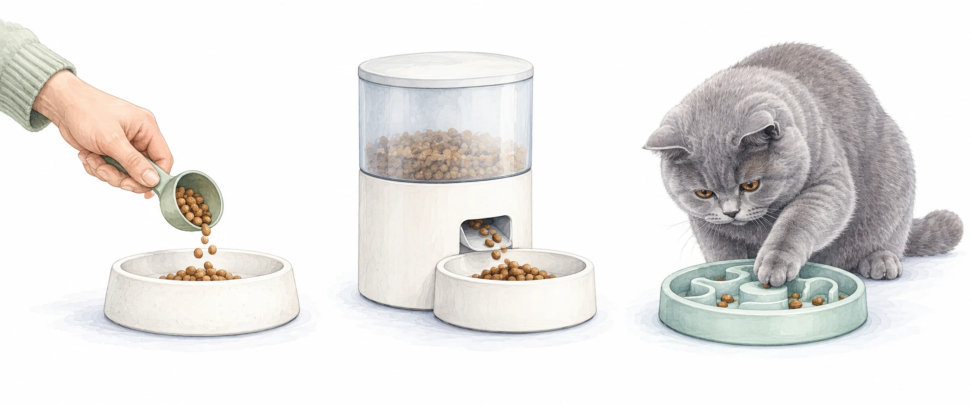 Watercolour scenes of portioning food into a dish, using a feeder and a cat exploring an easy food puzzle.