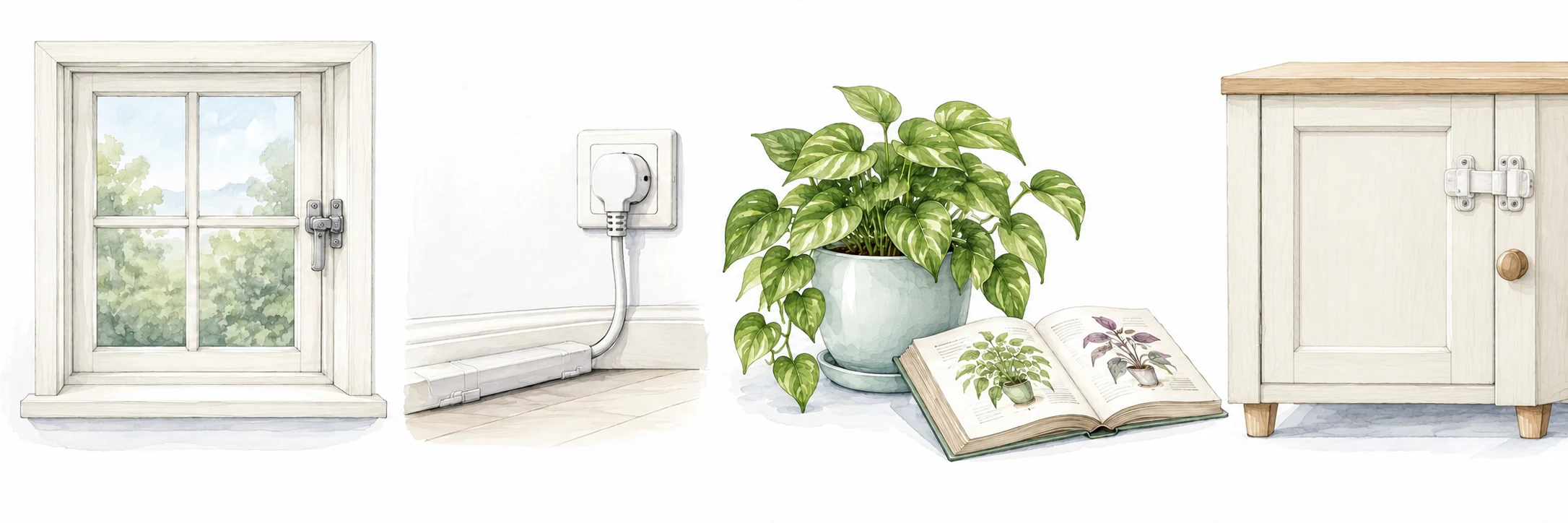 Watercolour scenes of a securely closed window, enclosed cables, a plant beside a reference book, and cleaning products in a latched cabinet.