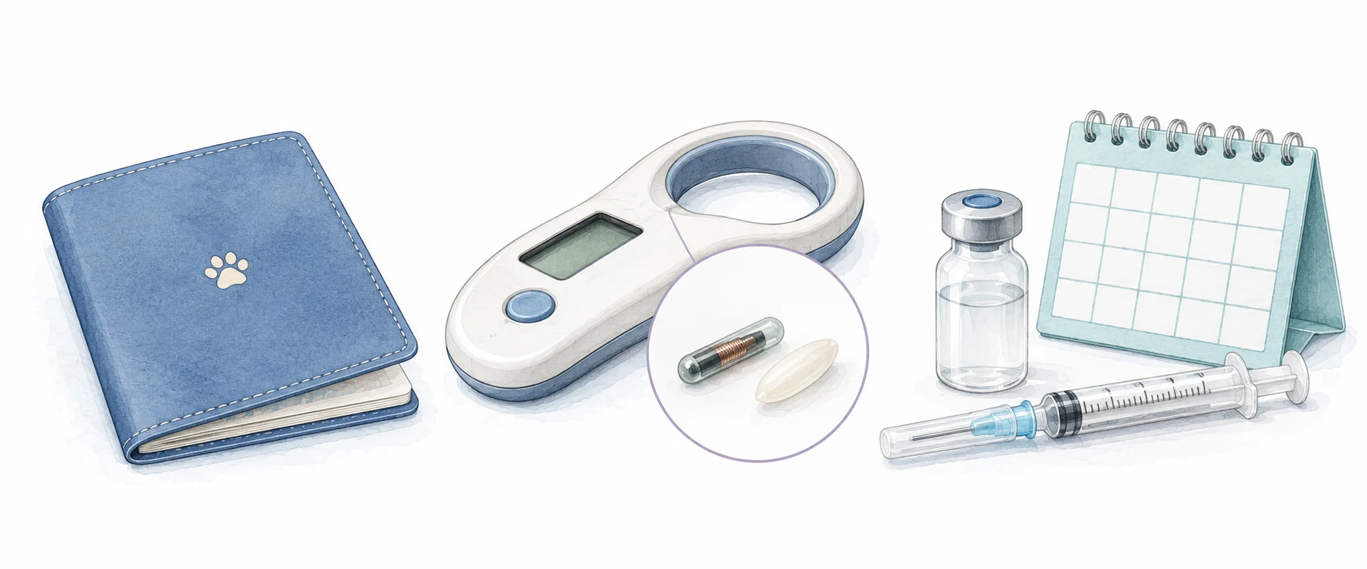 Watercolour illustration of a blue pet passport, a microchip reader with an enlarged transponder beside a rice grain, and vaccination supplies with a calendar.