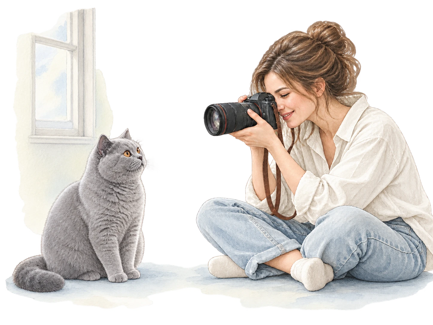 Watercolour illustration of a person photographing their British Shorthair