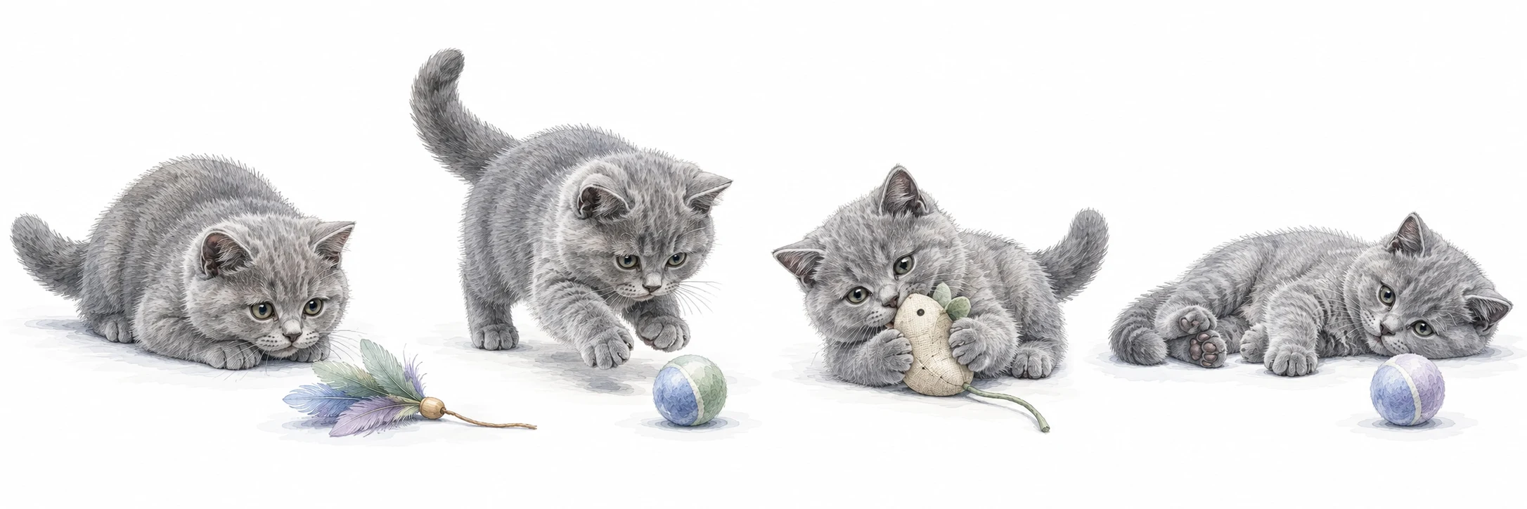 Four watercolour scenes: a kitten watches a feather toy, chases a ball, catches a fabric toy and rests.