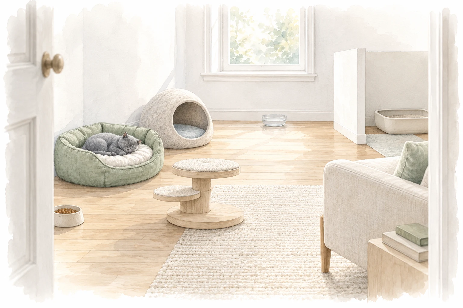 Watercolour illustration of a welcoming home with a kitten resting and separate food, water and litter areas
