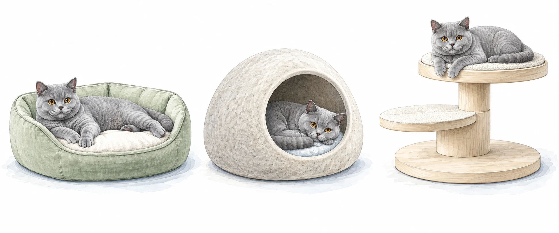 Watercolour scenes of cats resting in an open bed, a sheltered cave and on a low stable perch with a step.