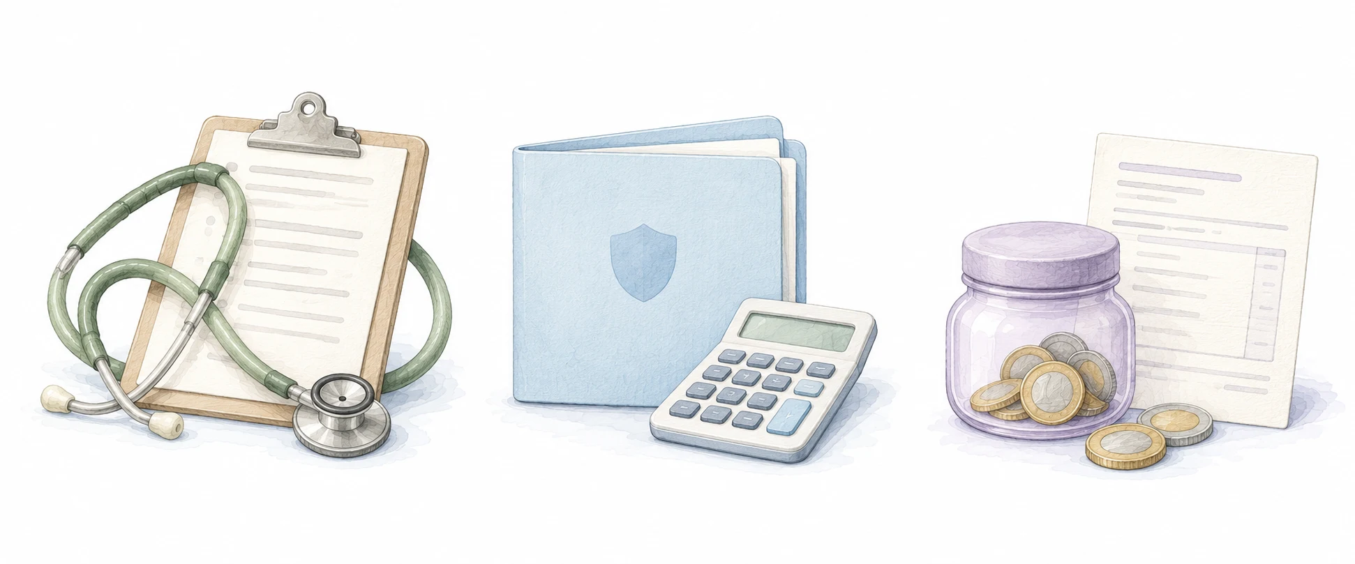 Watercolour illustration of veterinary notes and a stethoscope, insurance paperwork and a calculator, and savings beside an invoice.