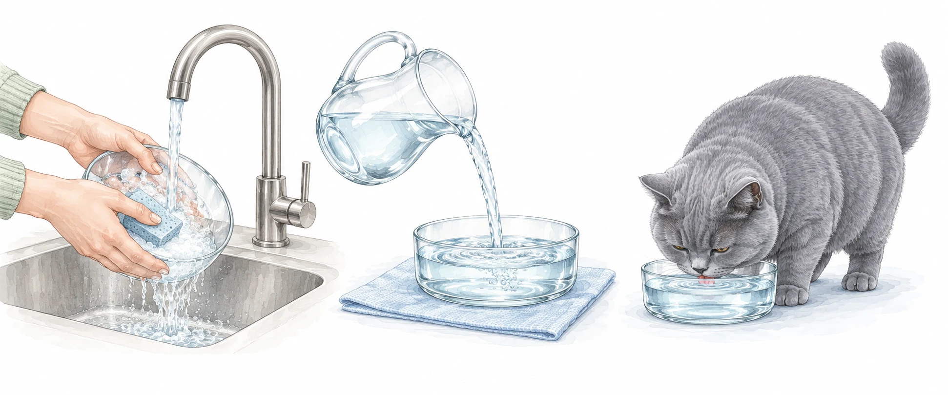 Watercolour scenes of washing a bowl, refilling it and a cat drinking.