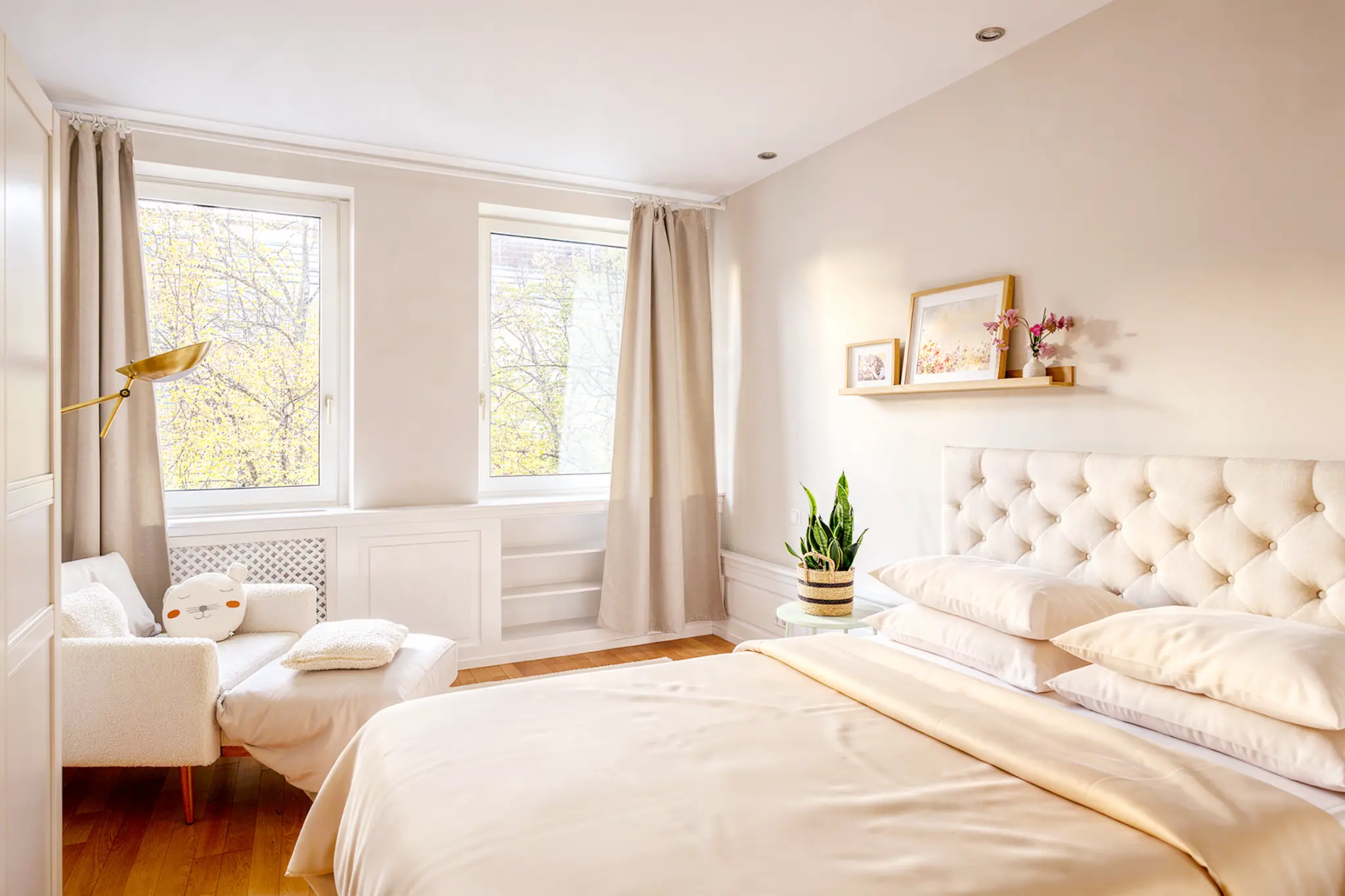 Bright bedroom with cream bed, chair and two windows
