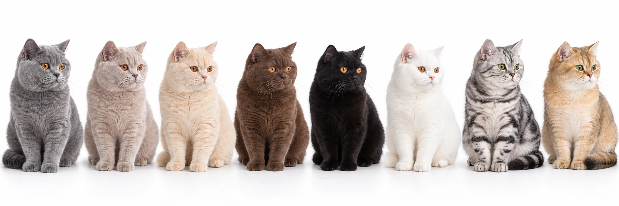 Eight British Shorthairs side by side: blue, lilac, cream, chocolate, black, white, silver tabby and golden.