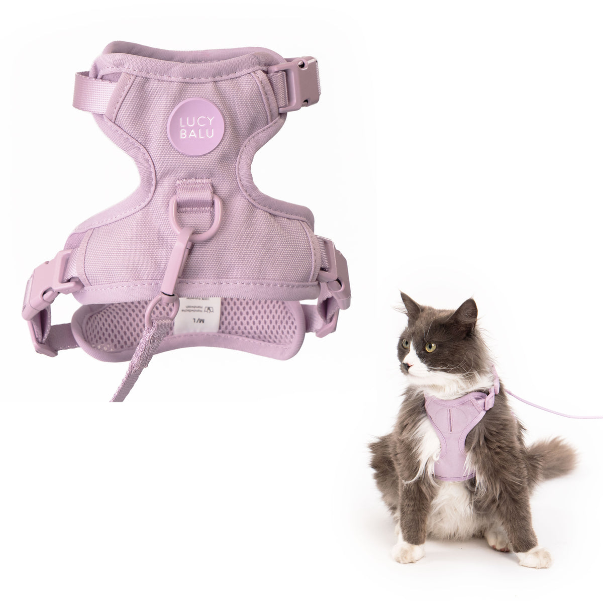 Official product photograph: LucyBalu EXPLORER Cat Harness & Leash · Lilac
